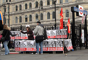 image of SWP stall in Trafalgar Square at the 2011 anti-cuts protest in London