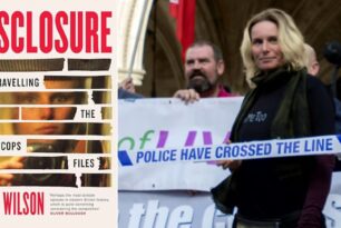 Kate's book cover & image of Kate on a spycops protest